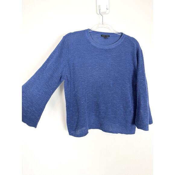 Eileen Fisher Sweater Womens Medium Linen Bell Sleeve Ribbed Knit Blue - Picture 1 of 8